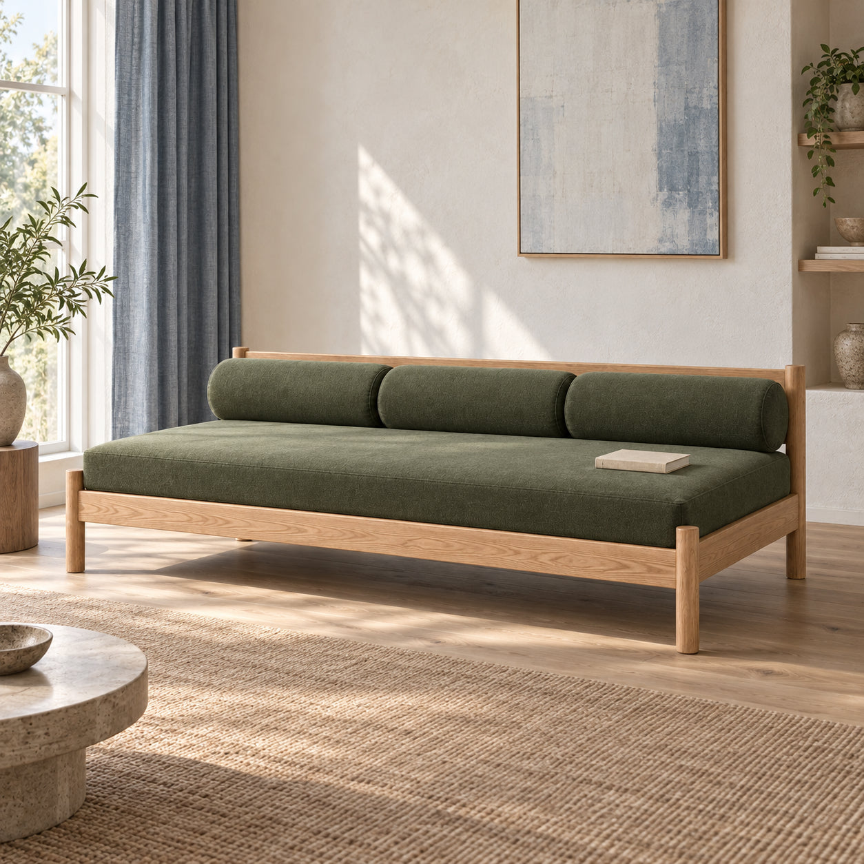 Illustrative room with blue-grey curtains and an olive daybed