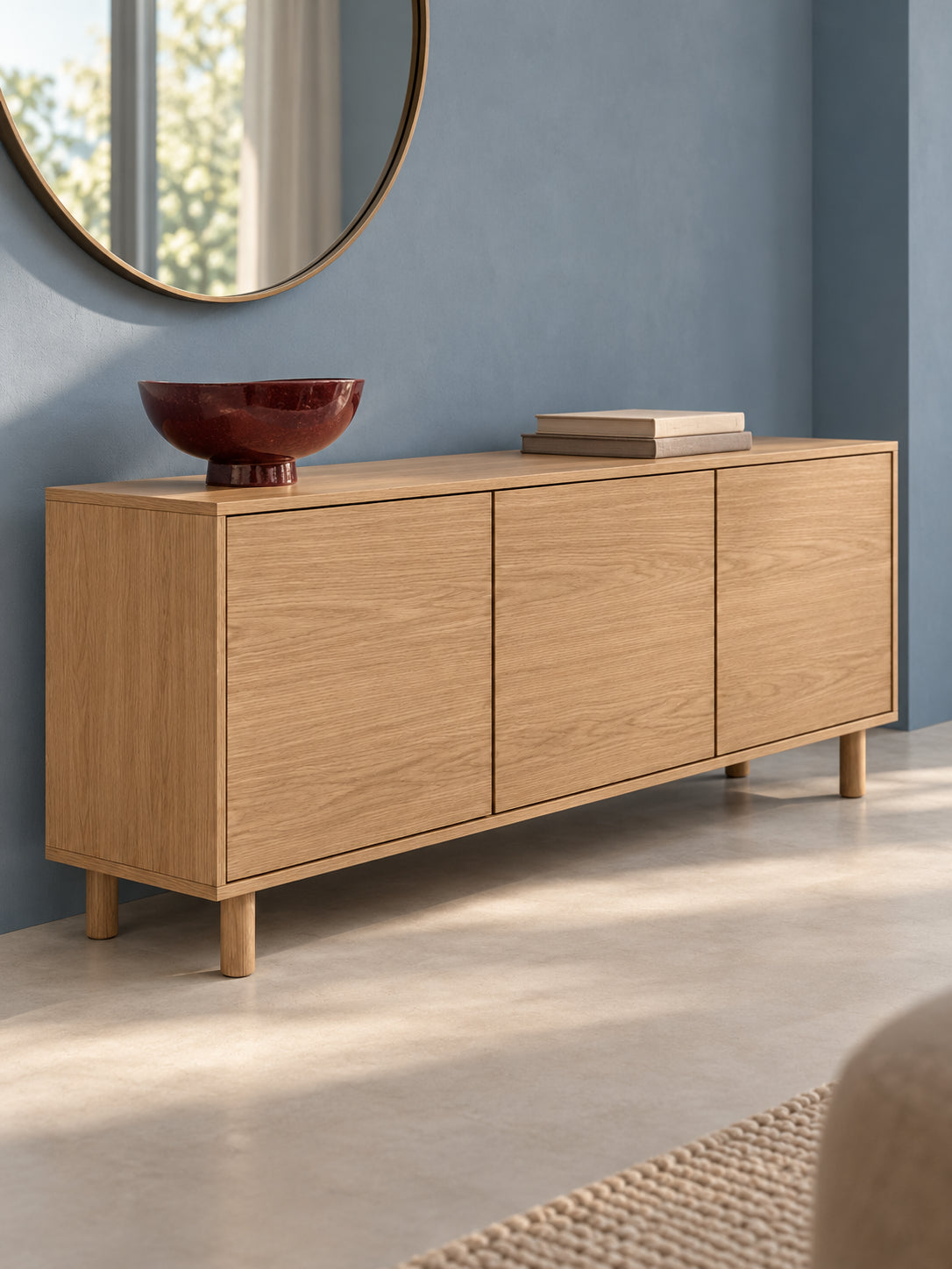 Oak sideboard against a dusty-blue wall, illustrative room concept