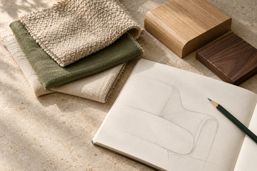 Oat, moss and ivory upholstery swatches with oak and walnut samples beside a pencil sketch of a lounge chair