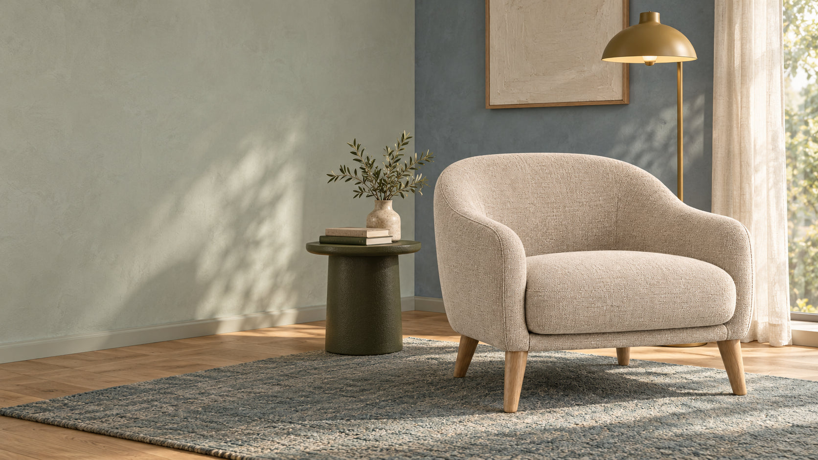 Cream lounge chair against a dusty blue wall — illustrative colour study
