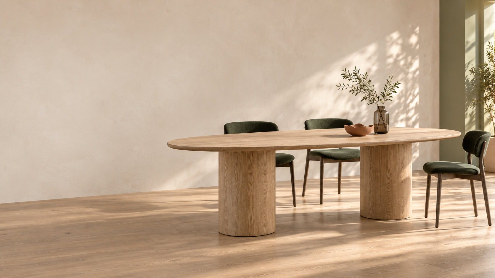 Timber dining table in a clay-coloured room — illustrative colour study