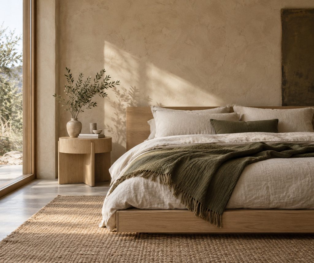 Pale oak bed with chalk linen, an olive throw and a simple bedside table.
