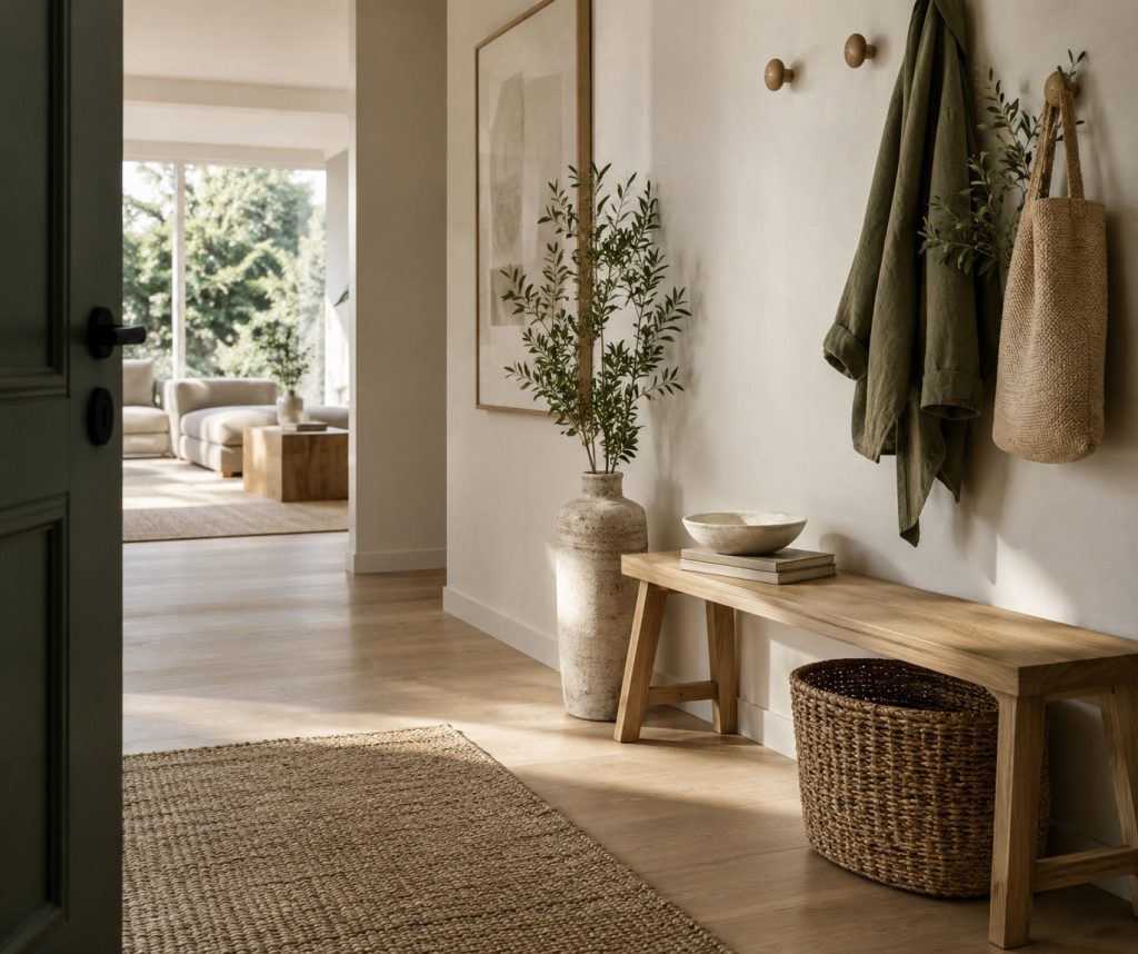 An oak entry bench with wall hooks, woven basket and ceramic key bowl.