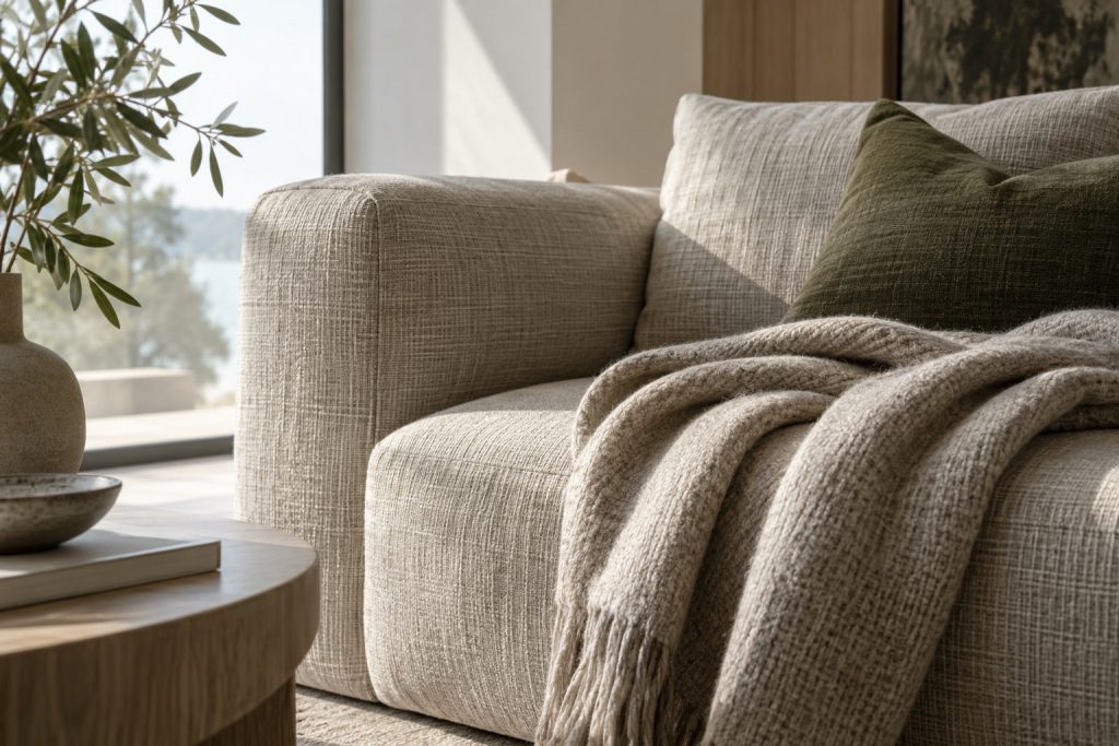 Visible linen upholstery weave with a folded throw and olive cushion.