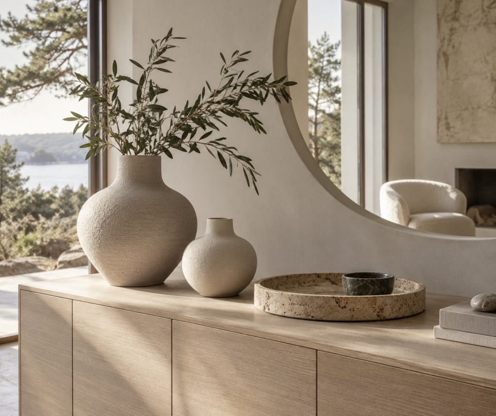 Matte ceramic vessels and a stone tray on a pale wooden console.