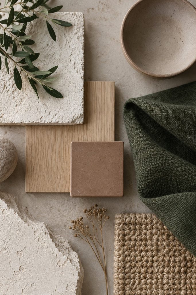 Flat-lay palette of chalk plaster, oak, forest textile and muted clay.