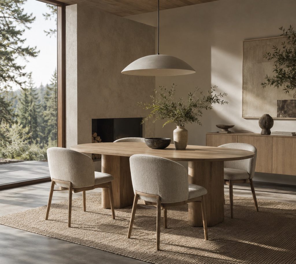 A simple pendant over an oval oak table with upholstered dining chairs.