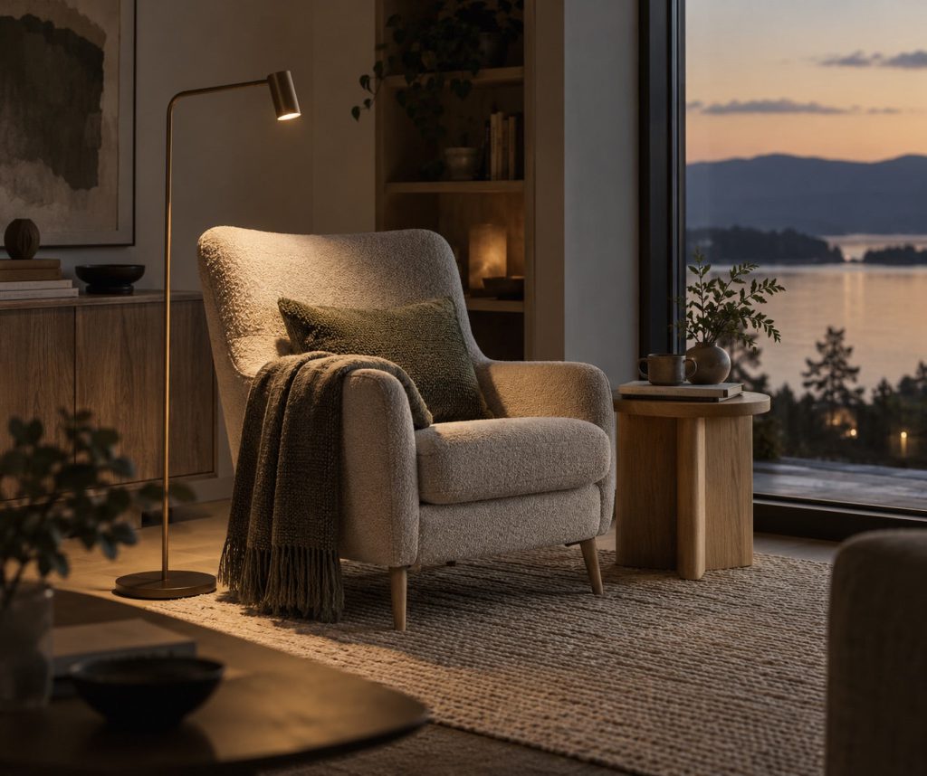 A slender floor lamp lighting a book beside an oatmeal armchair.