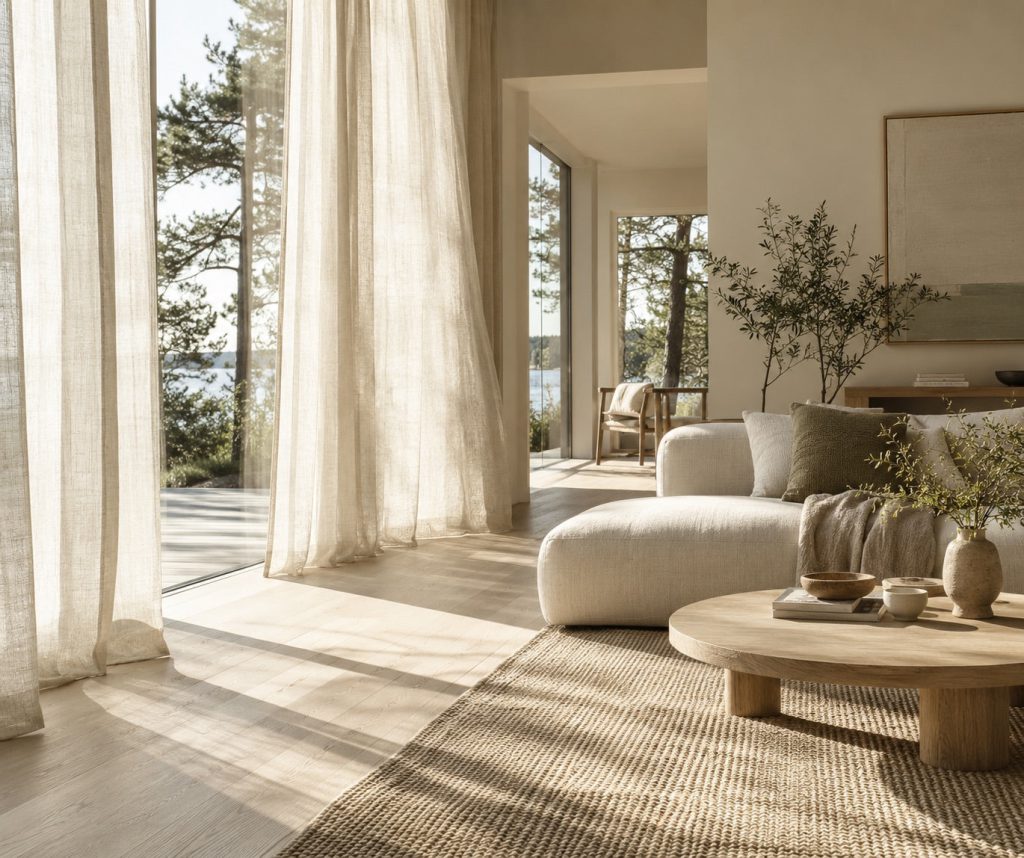 Sheer linen curtains filtering sunlight across a pale wood floor and sofa.