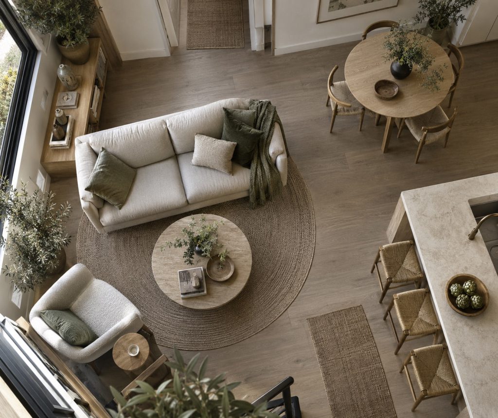 An overhead concept living room with sofa, round table and a clear route.