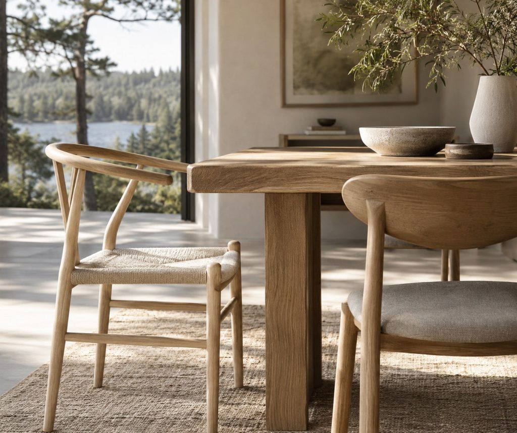 Two complementary pale wood dining chairs beside an oak table.