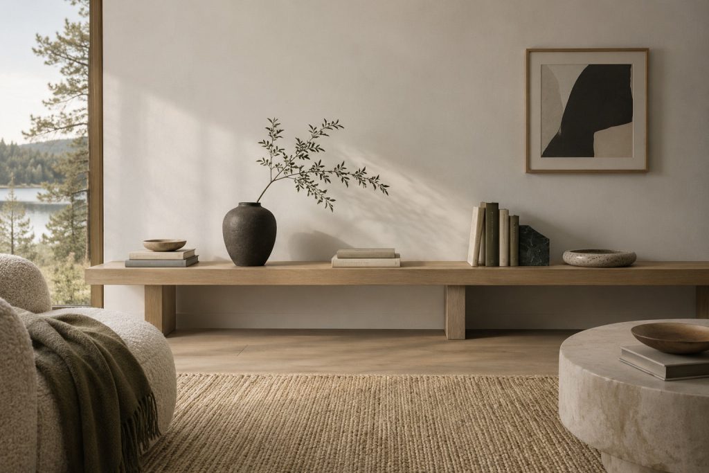 An oak shelf with spaced books, charcoal ceramic and a small abstract frame.