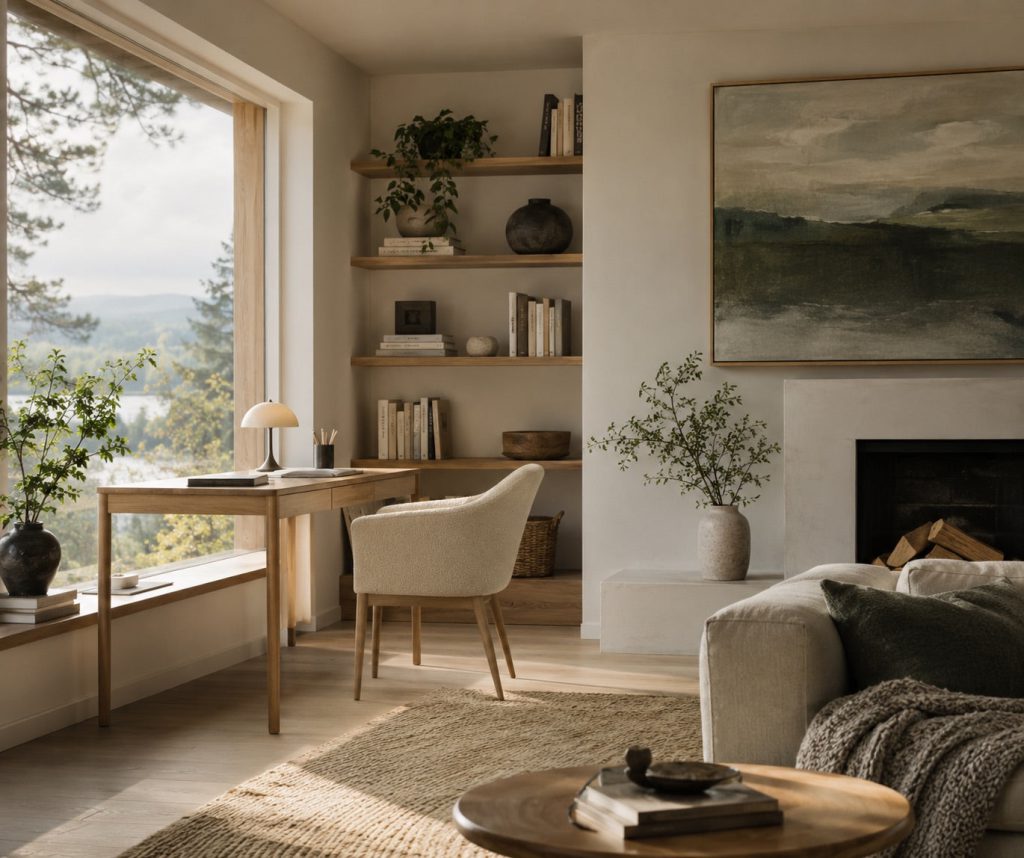 A compact oak desk and cream chair beside a living-room window.