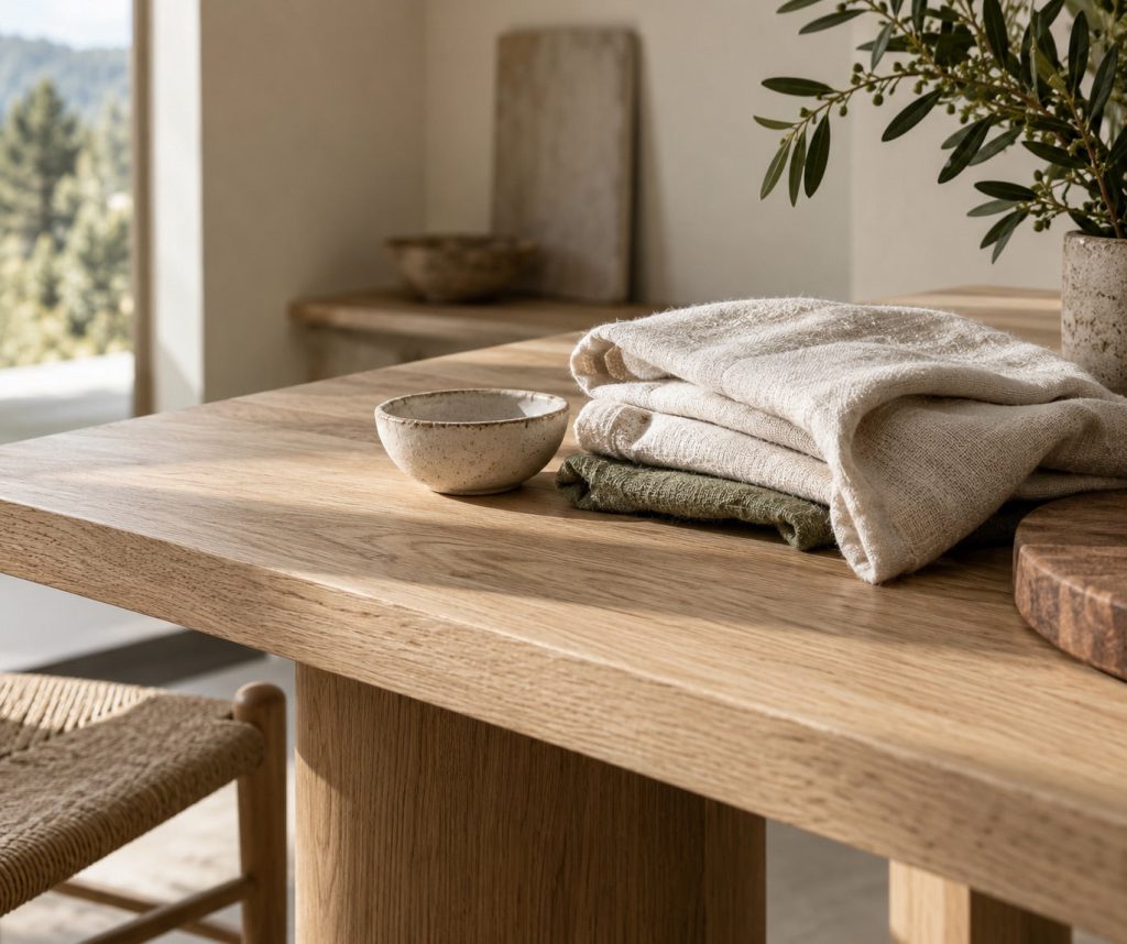 A clean soft cloth beside an oak tabletop and small ceramic bowl.