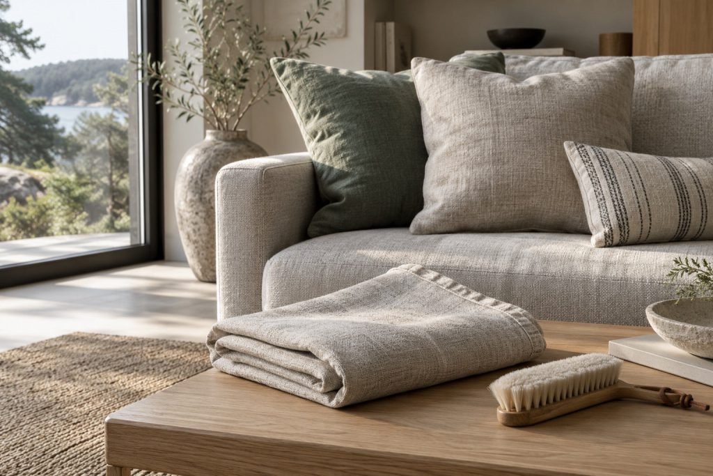 Folded linen cushion cover, sofa cushion and a soft upholstery brush.