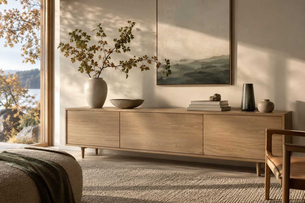 An oak sideboard with a single branch, ceramics and a small stack of books.