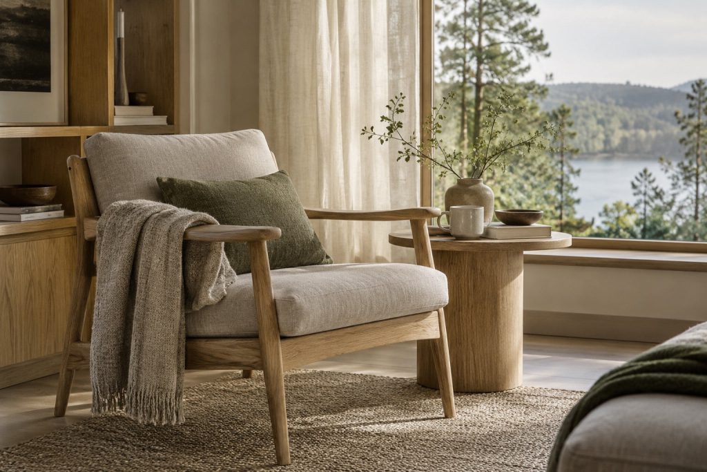 A well-used oak armchair with linen seat, folded throw and side table.