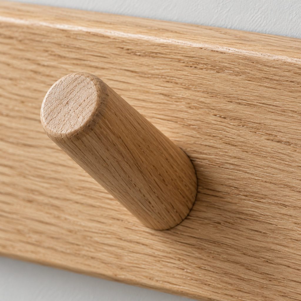 Wall Rail with Hooks — Natural oak finish detail