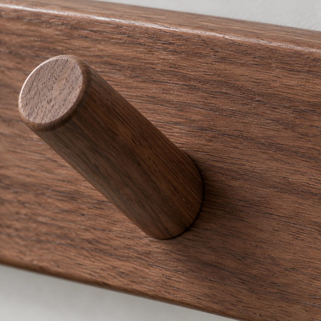Wall Rail with Hooks — Walnut finish detail