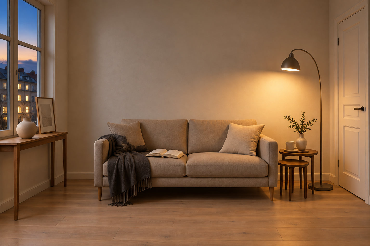 The room imagined in evening light, with a reading lamp and an open book on the sofa