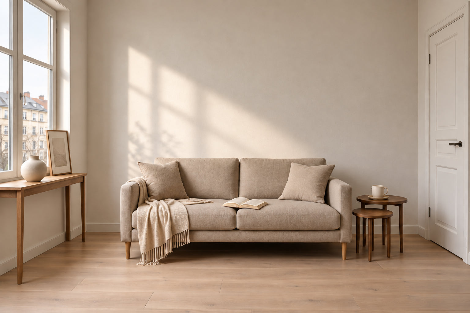 Warm neutral room with an oat sofa and oak furniture