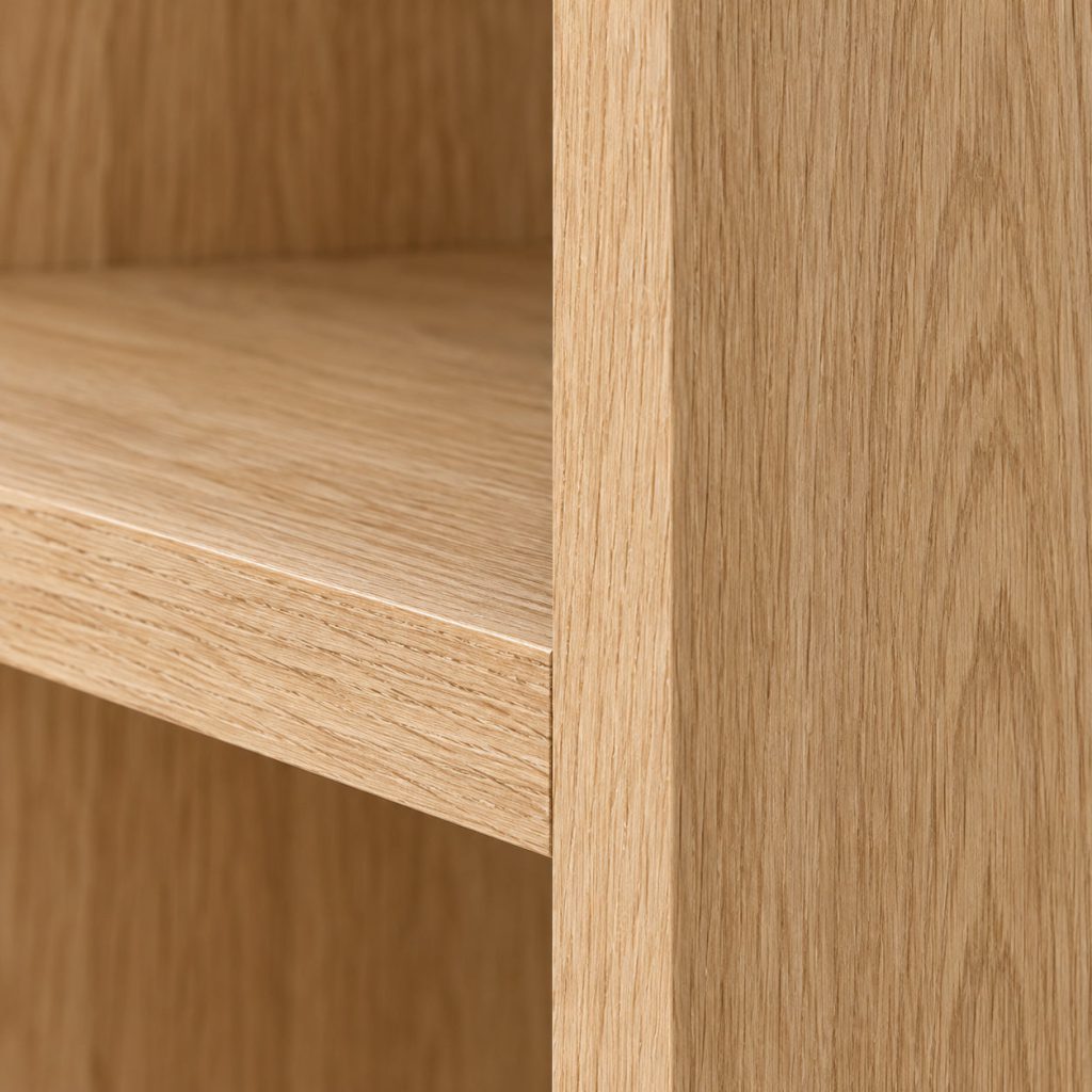 Column Shelf — Natural oak finish detail